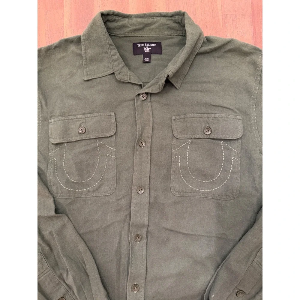 True Religion Mens Olive Green Horseshoe Pocket Flannel Button Down Shirt Medium